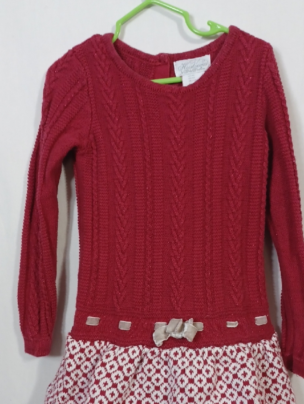 Red Cable-Knit Girls Dress with Satin Bow Detail